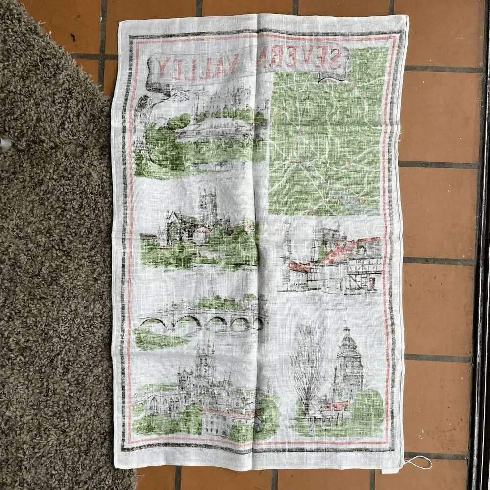 VTG Ulster Linen Tea Towel Severn Valley Map & Landmarks England 20x30